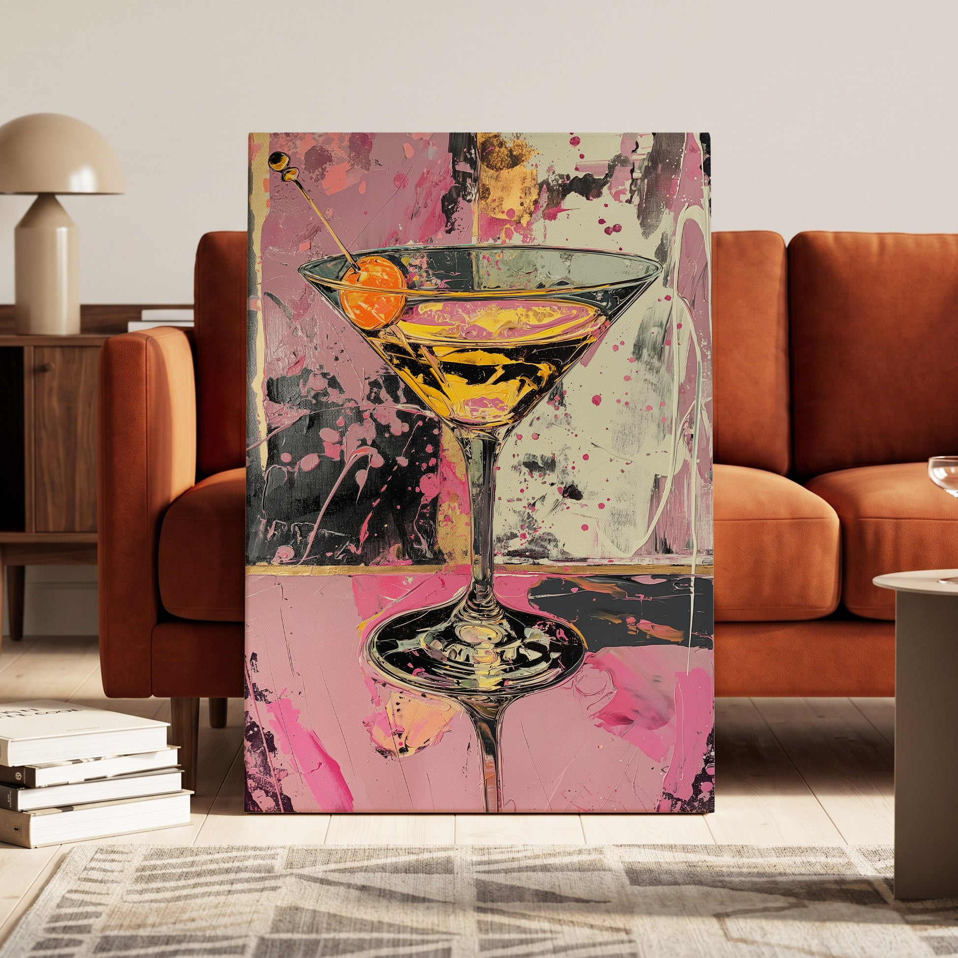 Pink Hour Martini, pink, black, gold abstract wall art on canvas displayed in a styled interior, gallery view 1