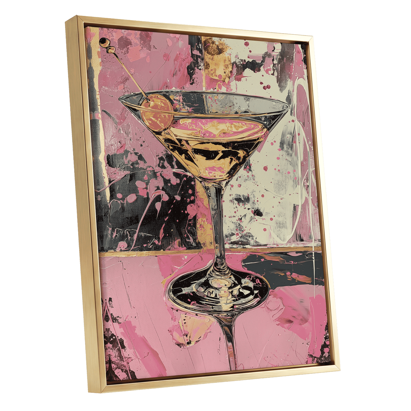 Pink Hour Martini, pink, black, gold abstract wall art shown as a gold framed canvas wall art
