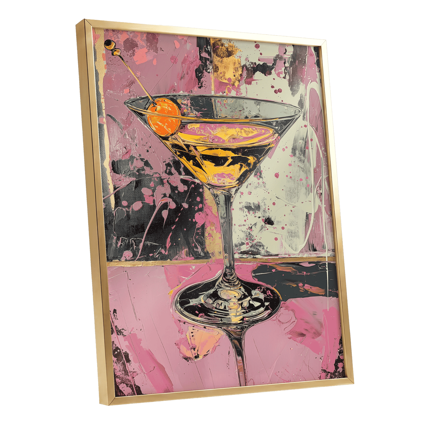 Pink Hour Martini, pink, black, gold abstract wall art shown as a gold framed poster wall art print