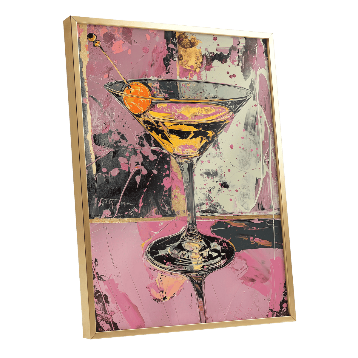 Pink Hour Martini, pink, black, gold abstract wall art shown as a gold framed poster wall art print