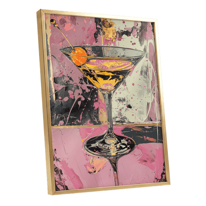 Pink Hour Martini, pink, black, gold abstract wall art shown as a gold framed poster wall art print