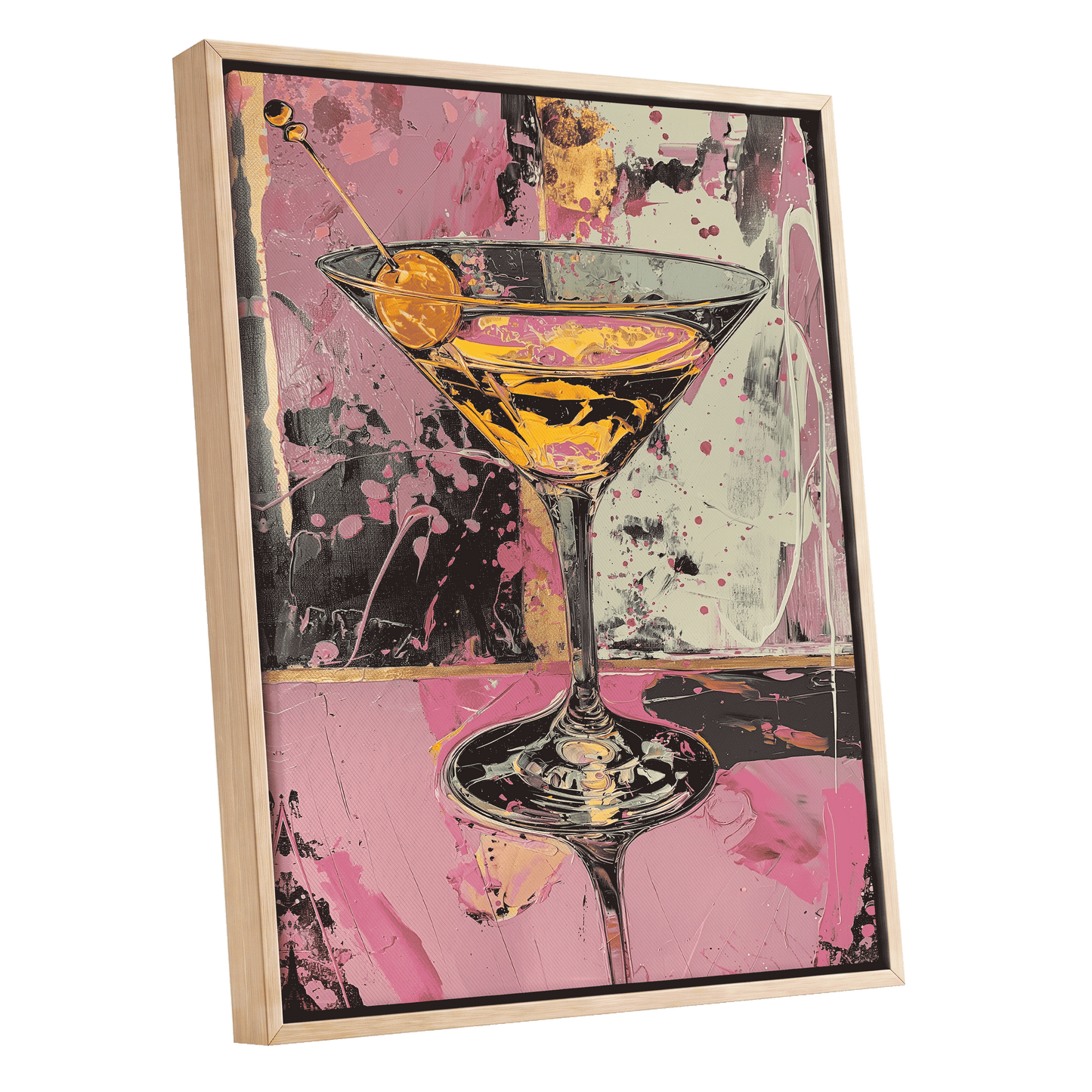 Pink Hour Martini, pink, black, gold abstract wall art shown as a oak framed canvas wall art