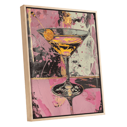 Pink Hour Martini, pink, black, gold abstract wall art shown as a oak framed canvas wall art