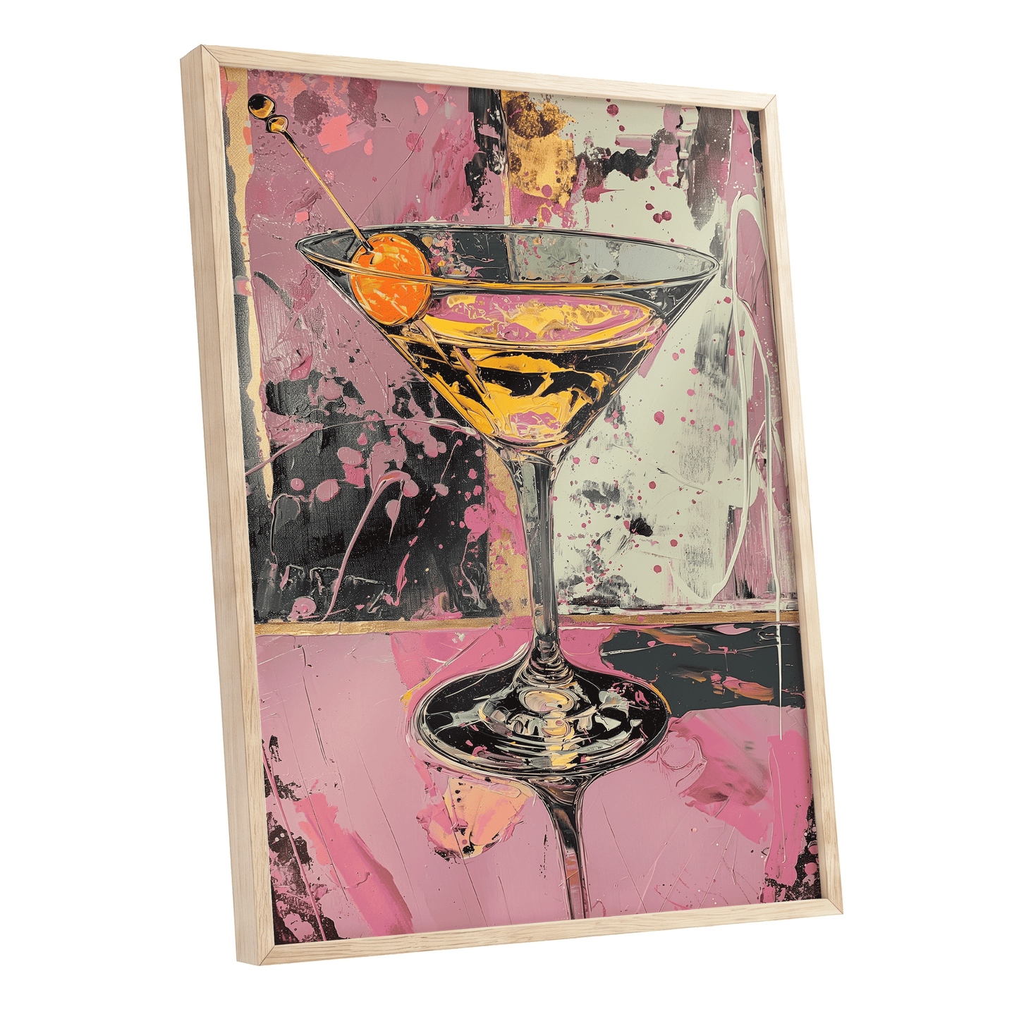 Pink Hour Martini, pink, black, gold abstract wall art shown as a oak framed poster wall art print