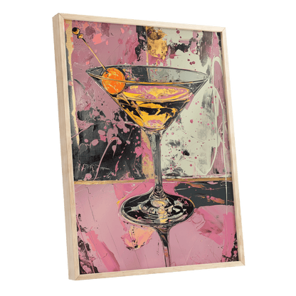 Pink Hour Martini, pink, black, gold abstract wall art shown as a oak framed poster wall art print