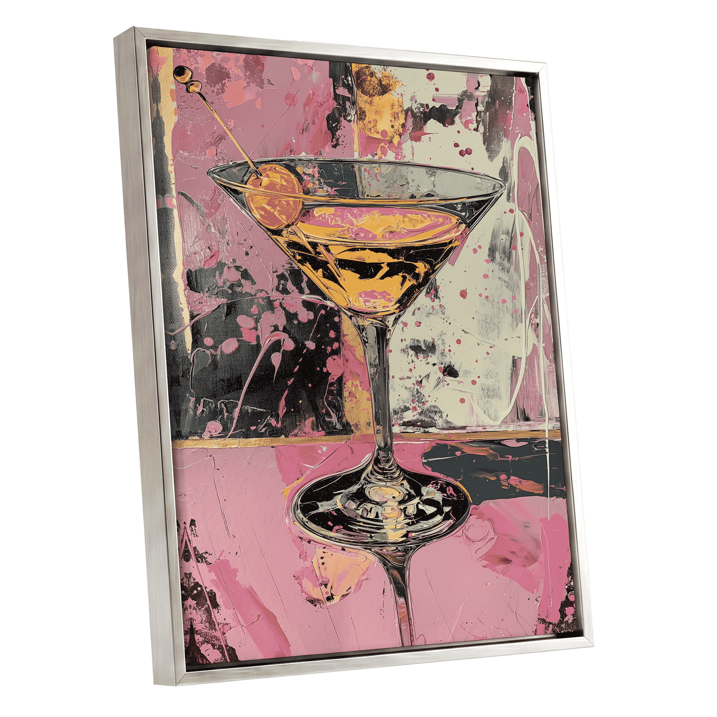 Pink Hour Martini, pink, black, gold abstract wall art shown as a silver framed canvas wall art