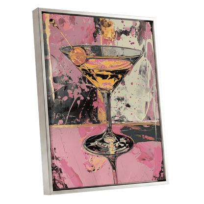 Pink Hour Martini, pink, black, gold abstract wall art shown as a silver framed canvas wall art