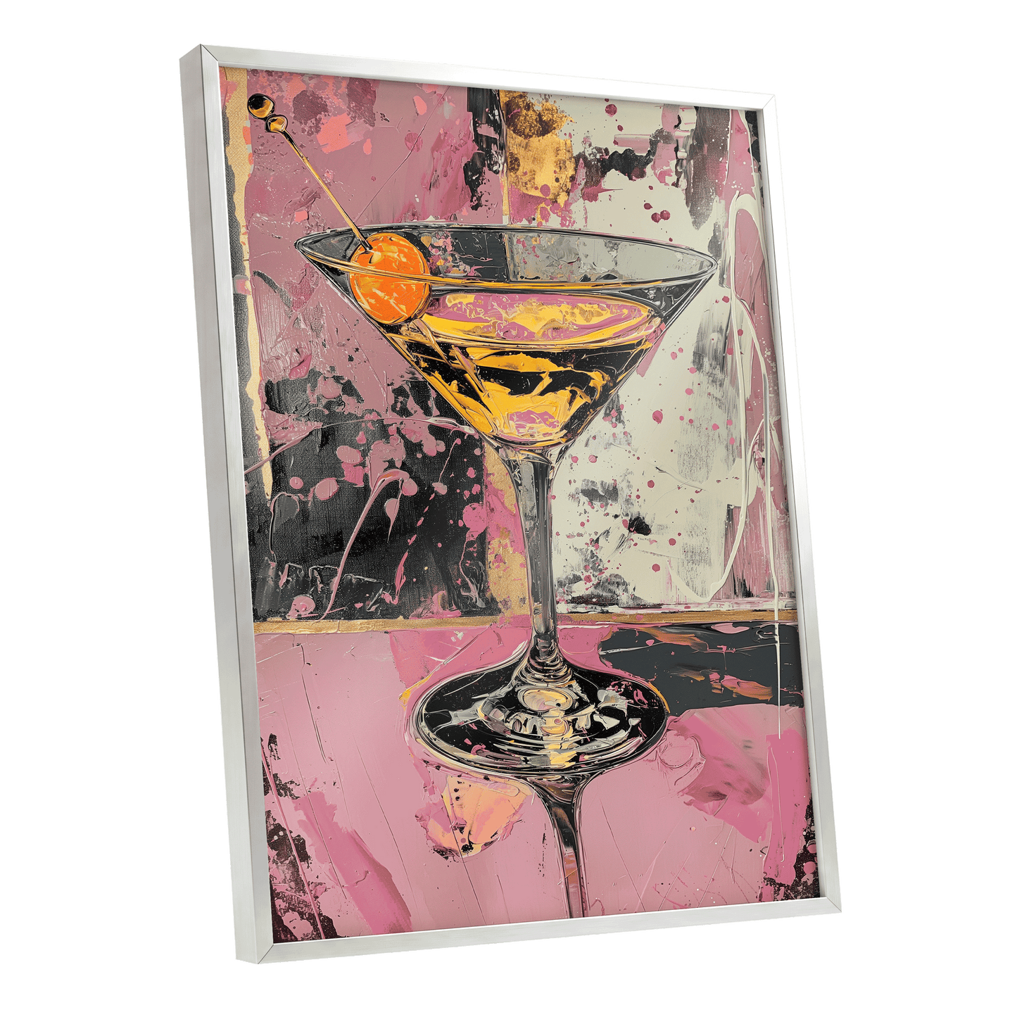 Pink Hour Martini, pink, black, gold abstract wall art shown as a silver framed poster wall art print