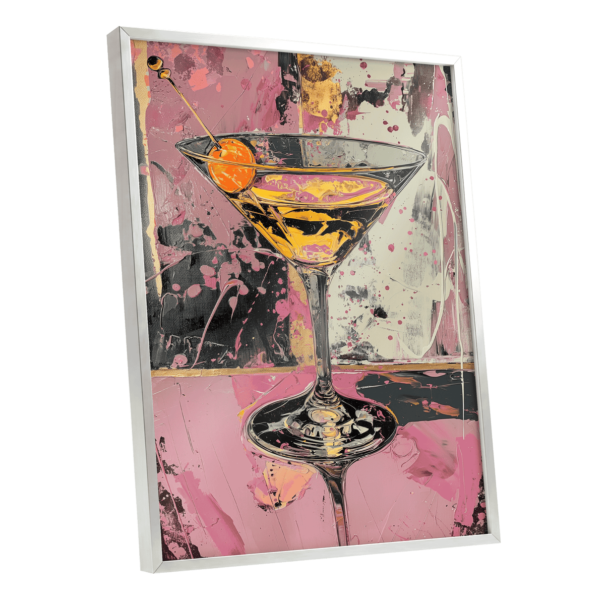 Pink Hour Martini, pink, black, gold abstract wall art shown as a silver framed poster wall art print