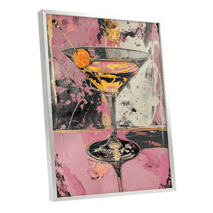 Pink Hour Martini, pink, black, gold abstract wall art shown as a silver framed poster wall art print