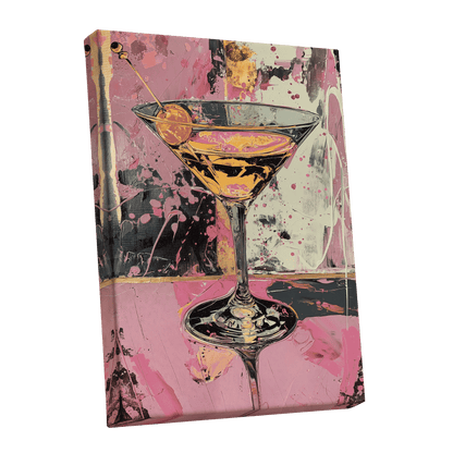 Pink Hour Martini, pink, black, gold abstract wall art shown as a stretched canvas wall art