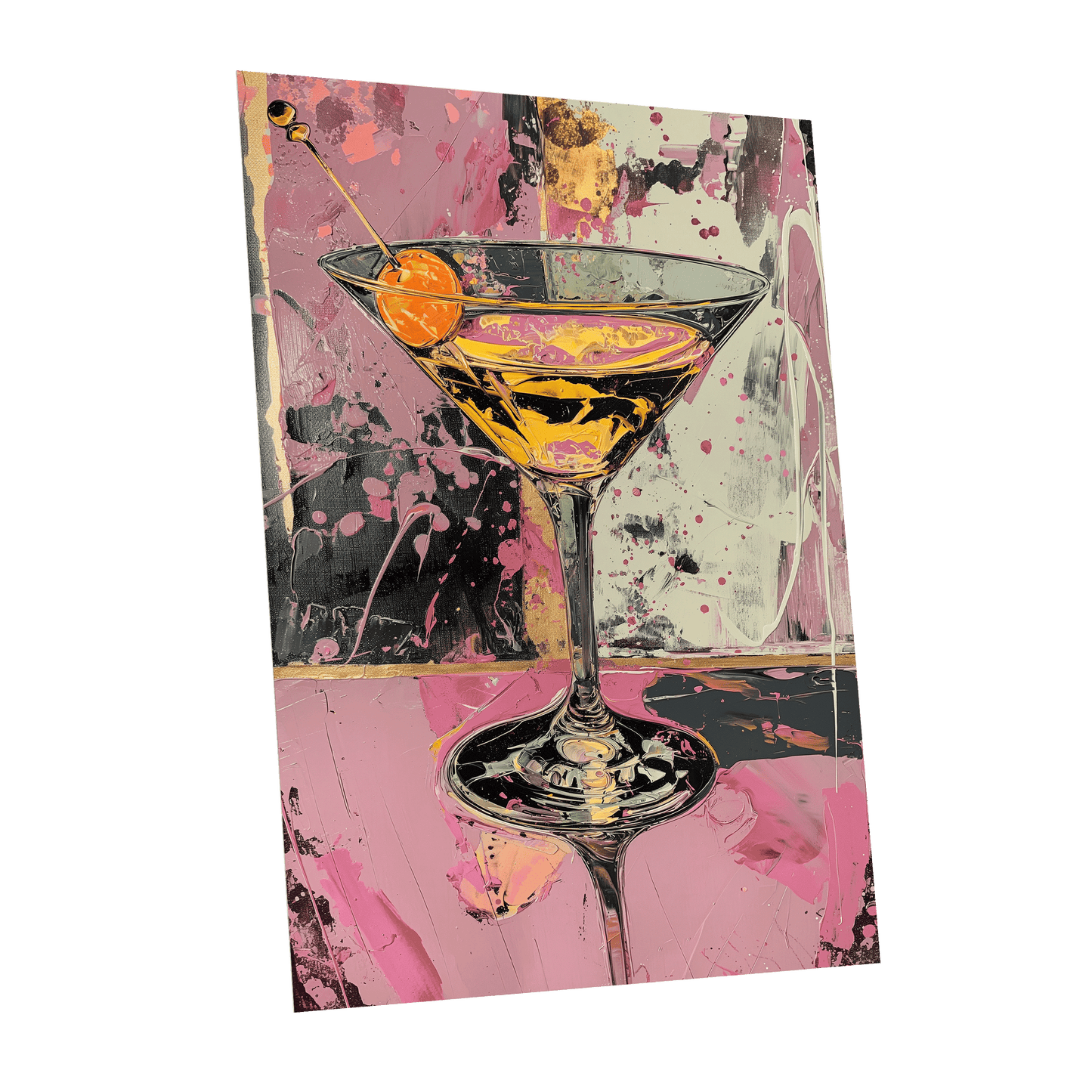 Pink Hour Martini, pink, black, gold abstract wall art shown as a unframed poster wall art print