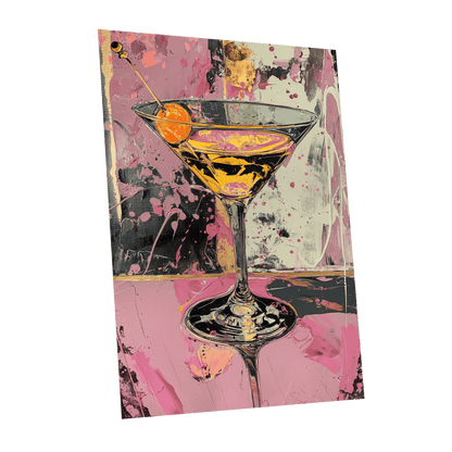 Pink Hour Martini, pink, black, gold abstract wall art shown as a unframed poster wall art print
