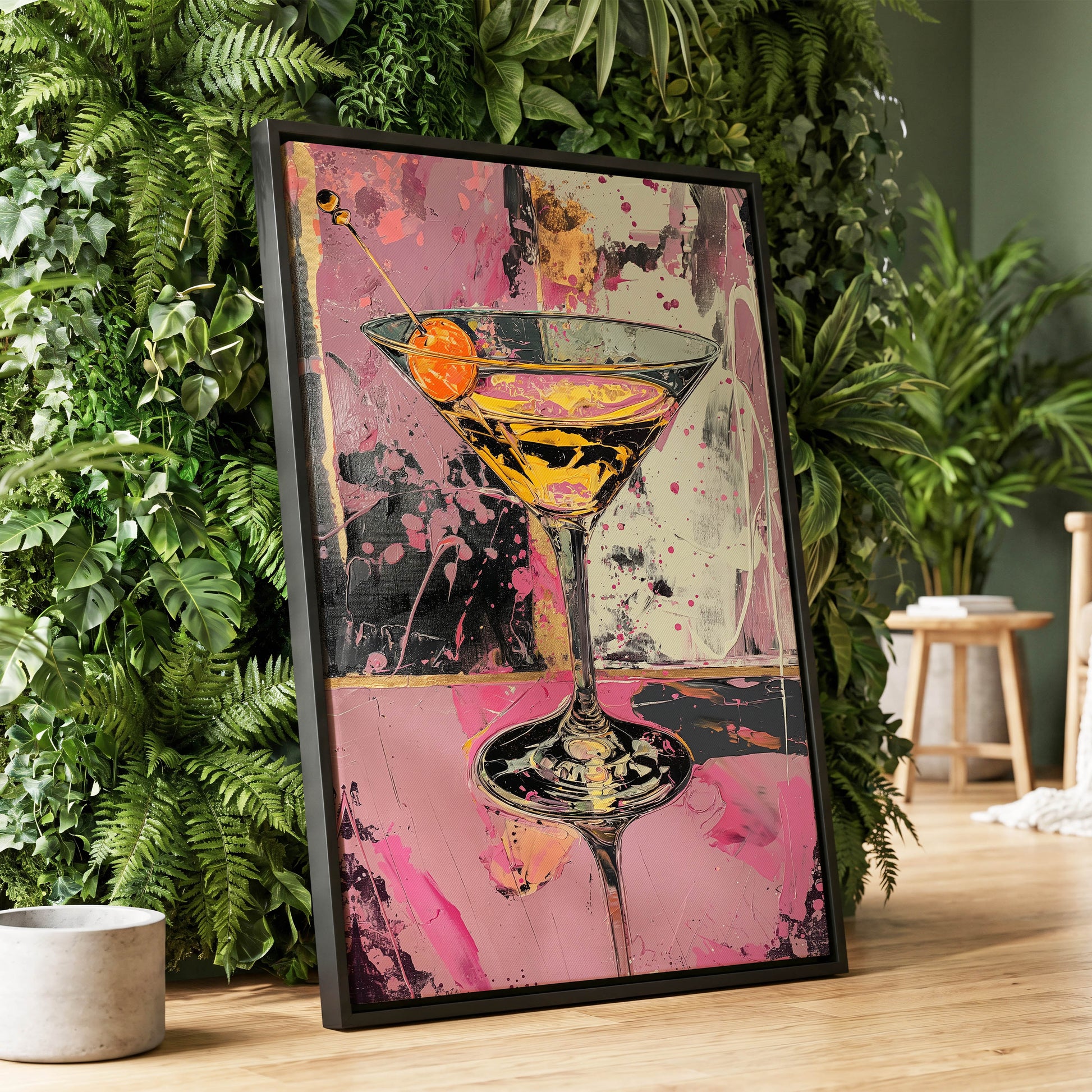 Pink Hour Martini, pink, black, gold abstract wall art displayed in a styled interior, gallery view 1