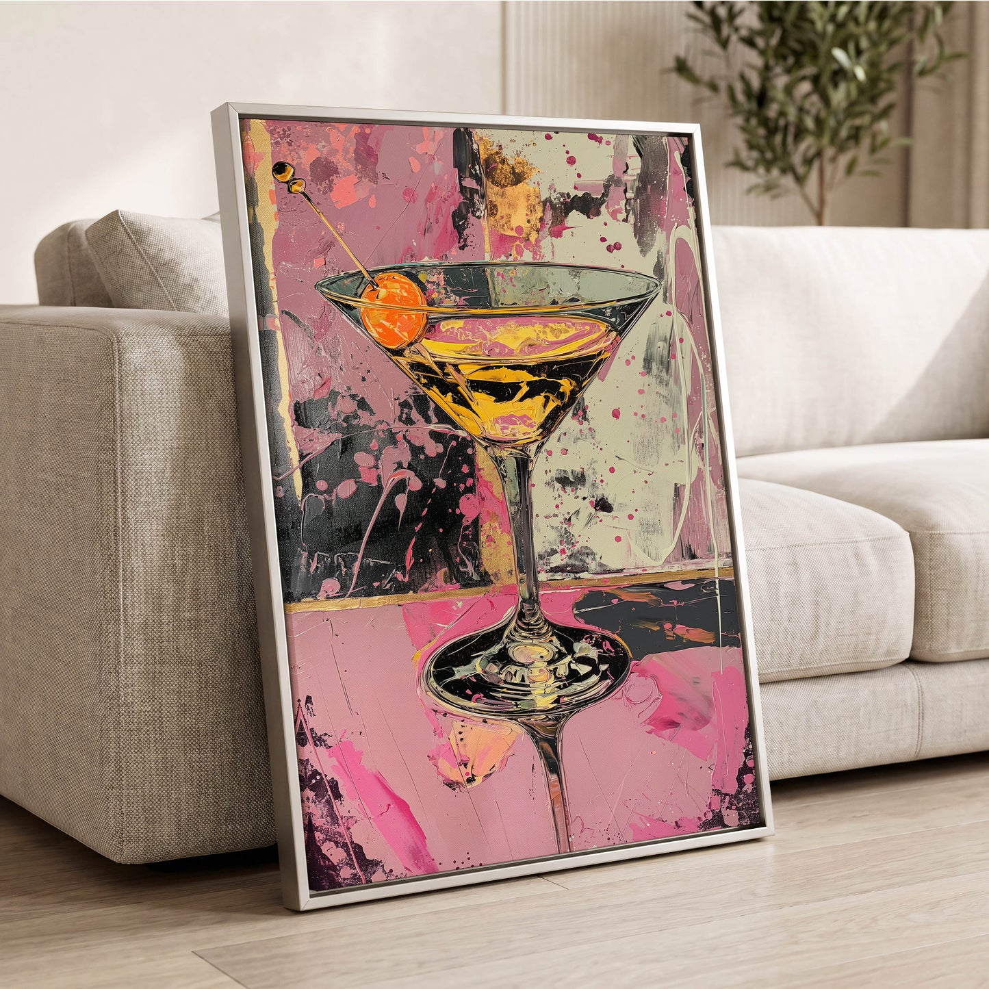 Pink Hour Martini, pink, black, gold abstract wall art displayed in a styled interior, gallery view 2