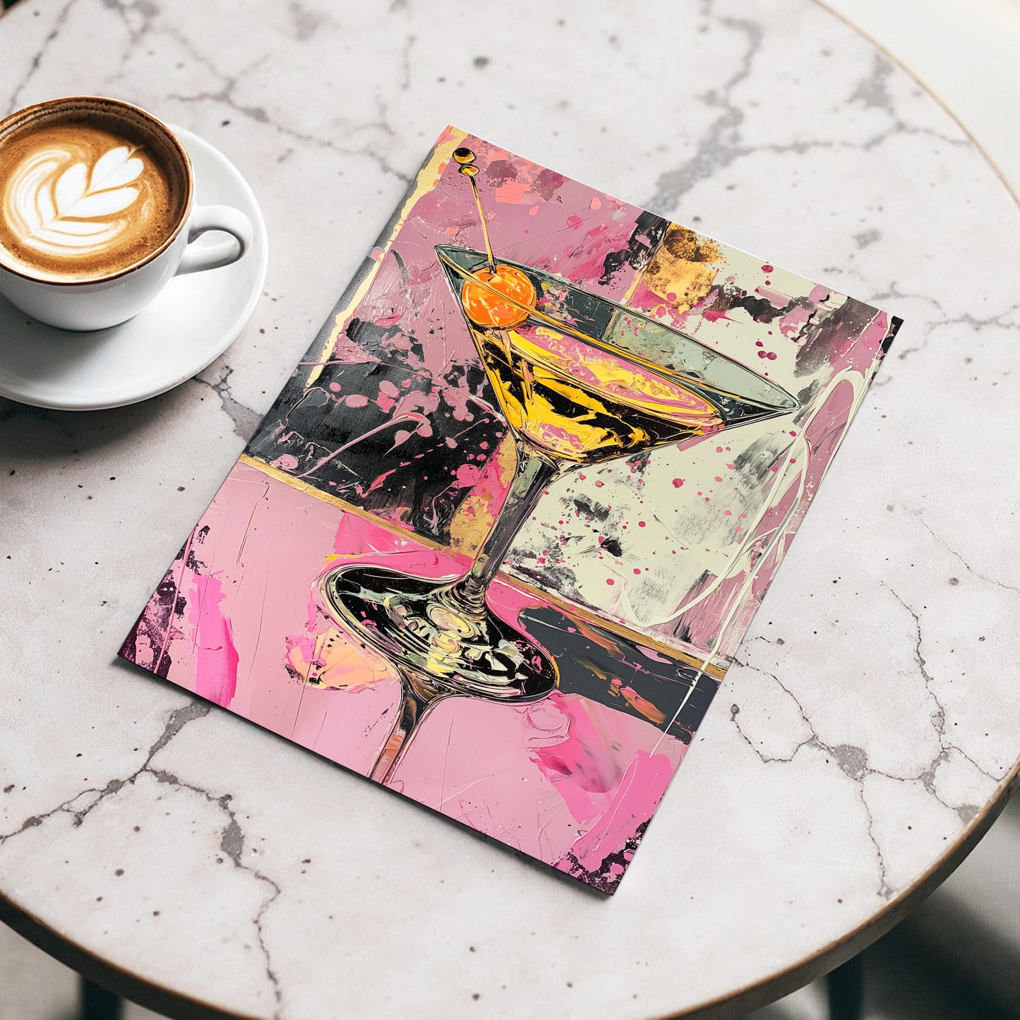 Pink Hour Martini, pink, black, gold abstract wall art displayed in a styled interior, gallery view 3