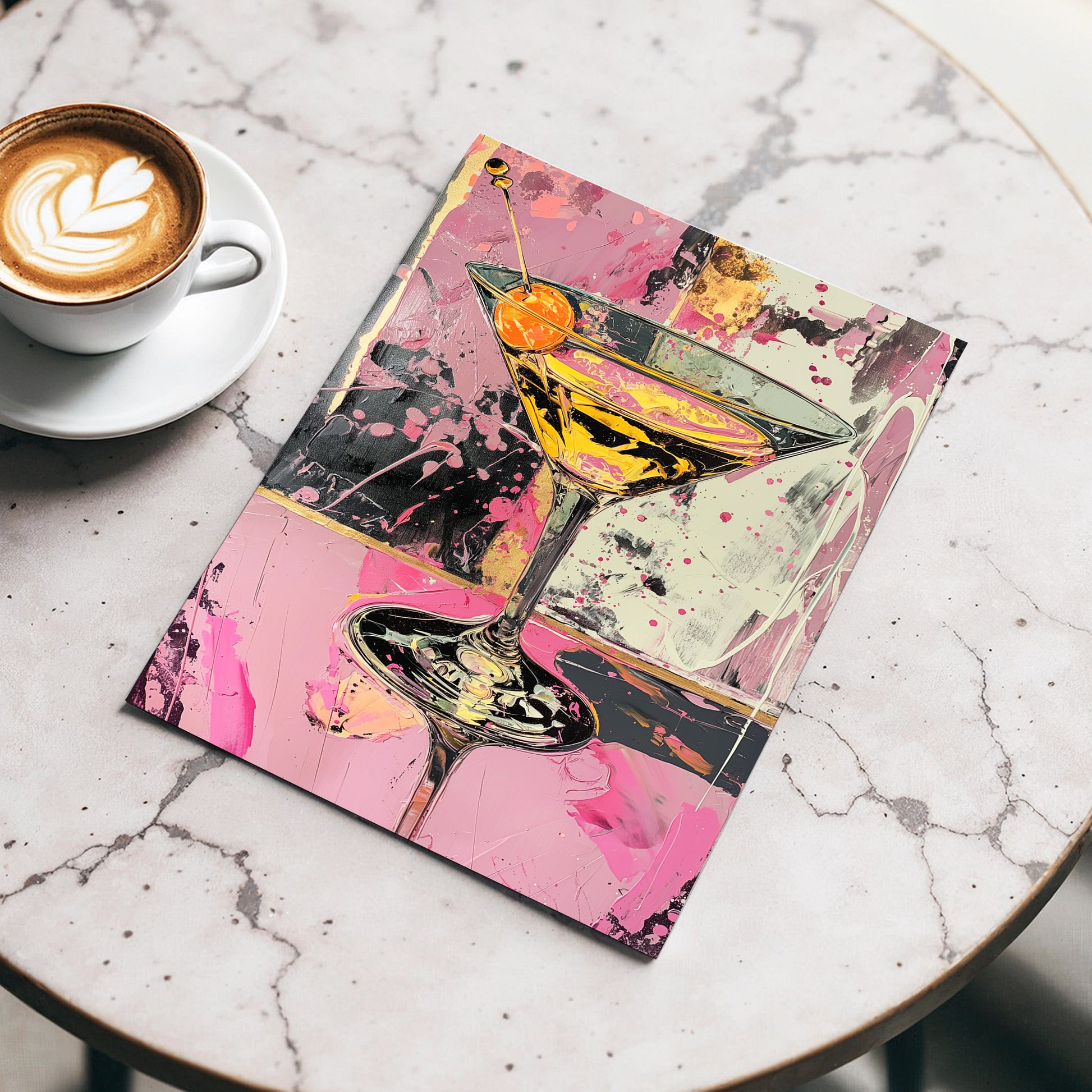 Pink Hour Martini, pink, black, gold abstract wall art displayed in a styled interior, gallery view 3