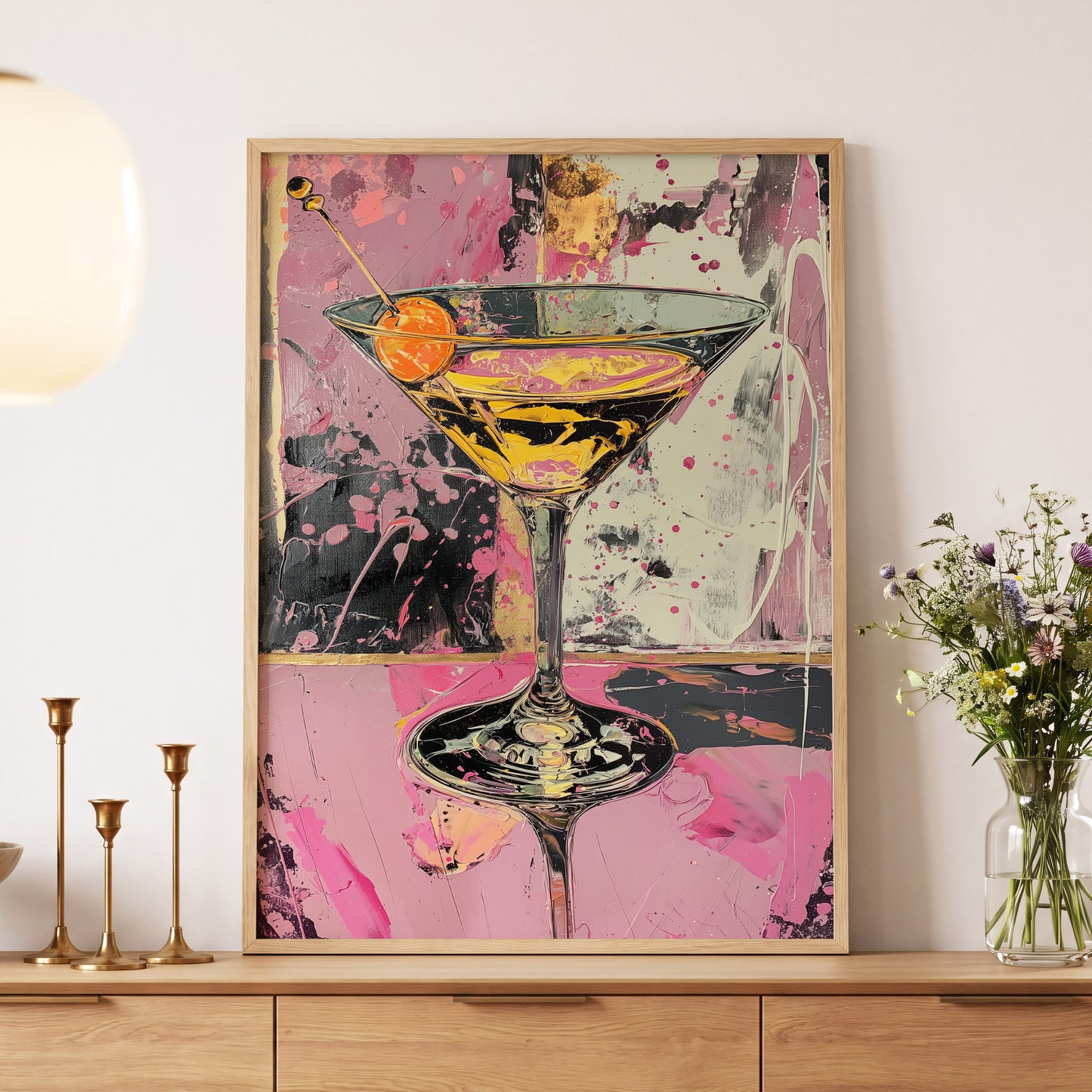 Pink Hour Martini, pink, black, gold abstract wall art displayed in a styled interior, gallery view 5