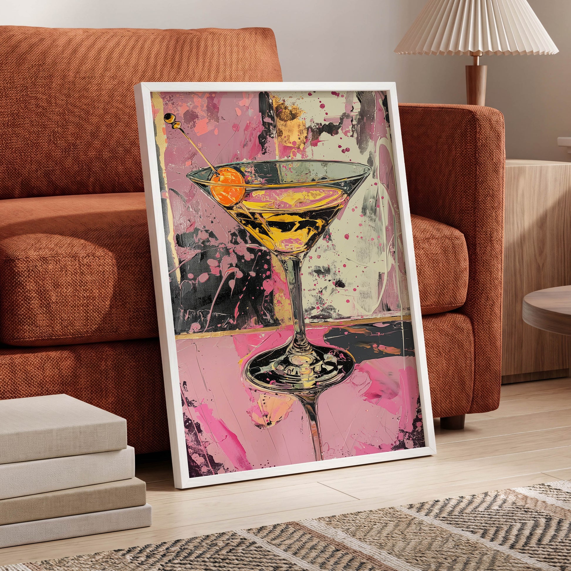 Pink Hour Martini, pink, black, gold abstract wall art displayed in a styled interior, gallery view 6