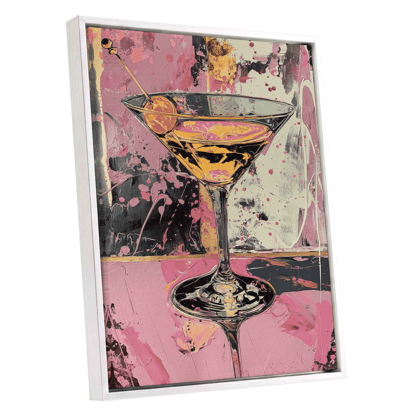 Pink Hour Martini, pink, black, gold abstract wall art shown as a white framed canvas wall art