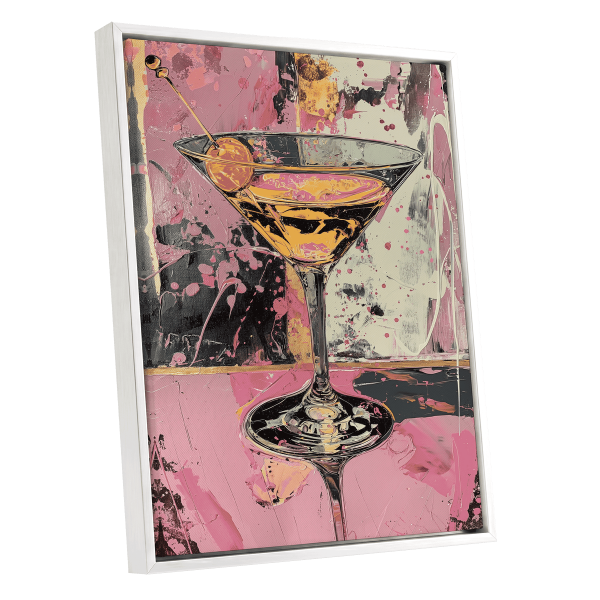 Pink Hour Martini, pink, black, gold abstract wall art shown as a white framed canvas wall art