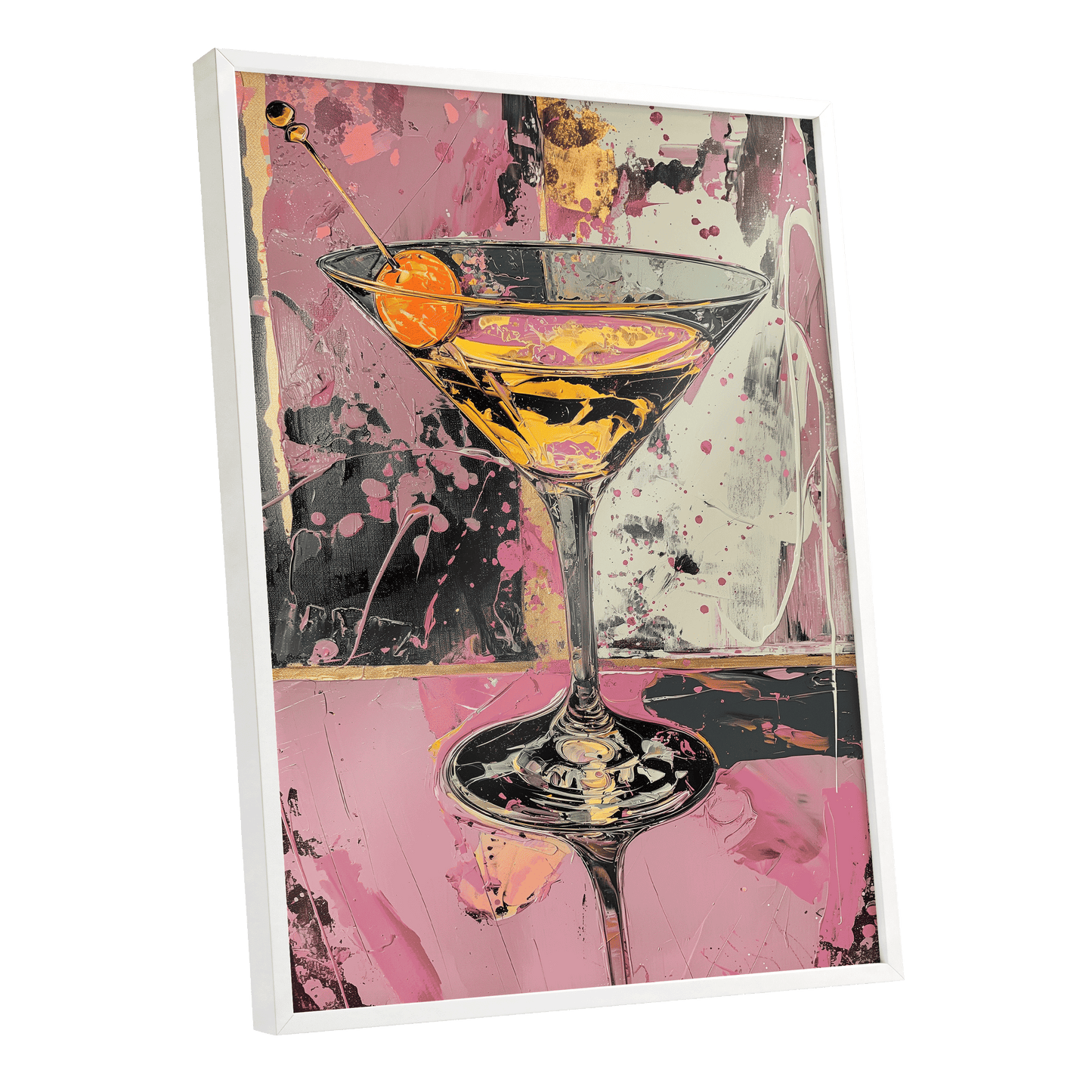 Pink Hour Martini, pink, black, gold abstract wall art shown as a white framed poster wall art print