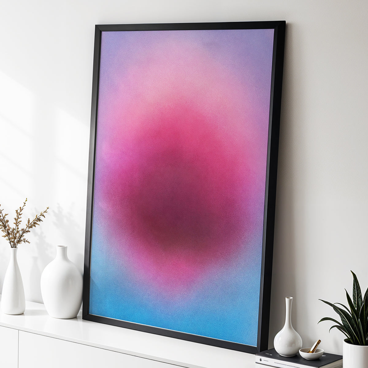 Pink in Soft Focus, pink, purple, blue abstract wall art displayed in a styled interior, gallery view 2