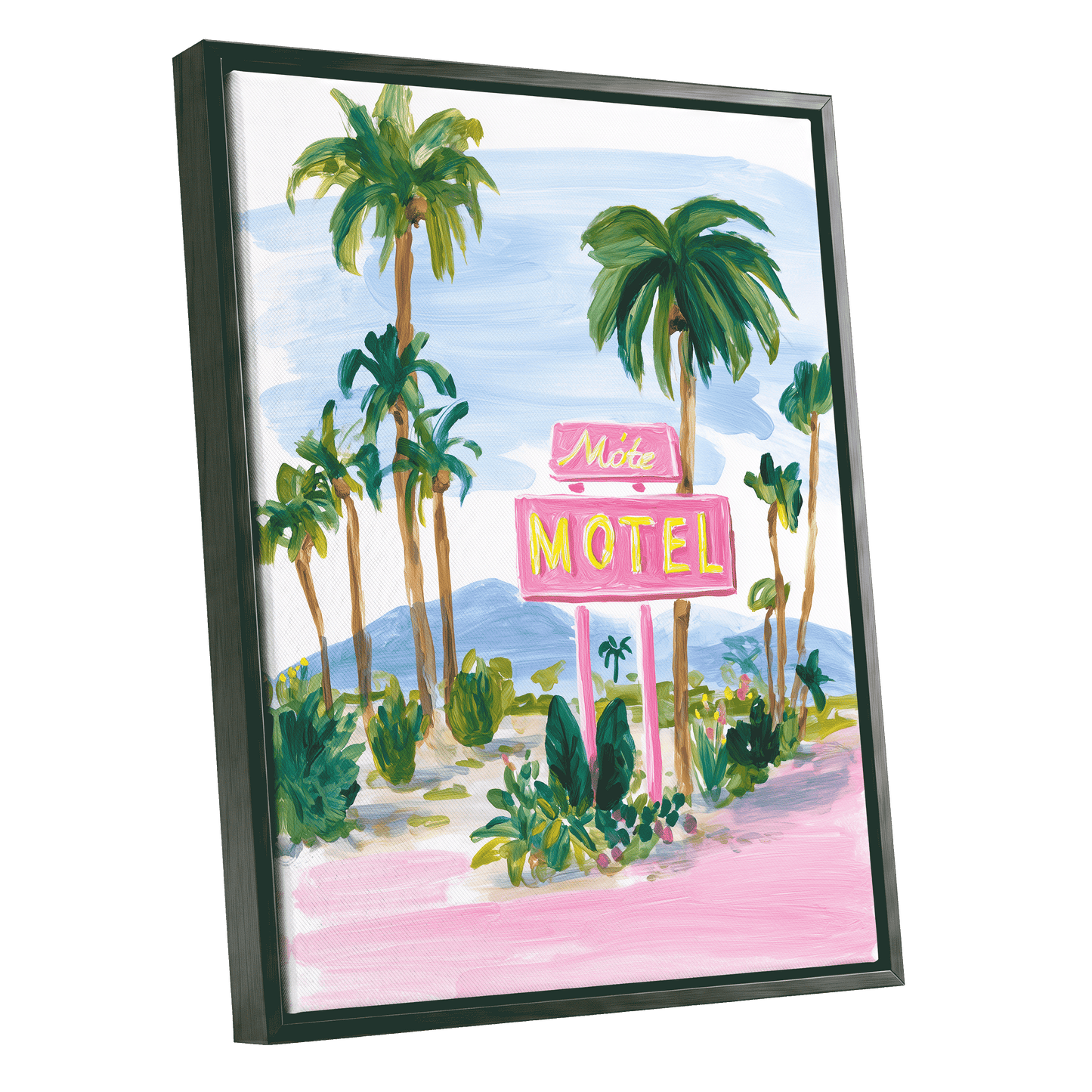 Pink Motel Palms, pink, green, blue nature wall art shown as a black framed canvas wall art