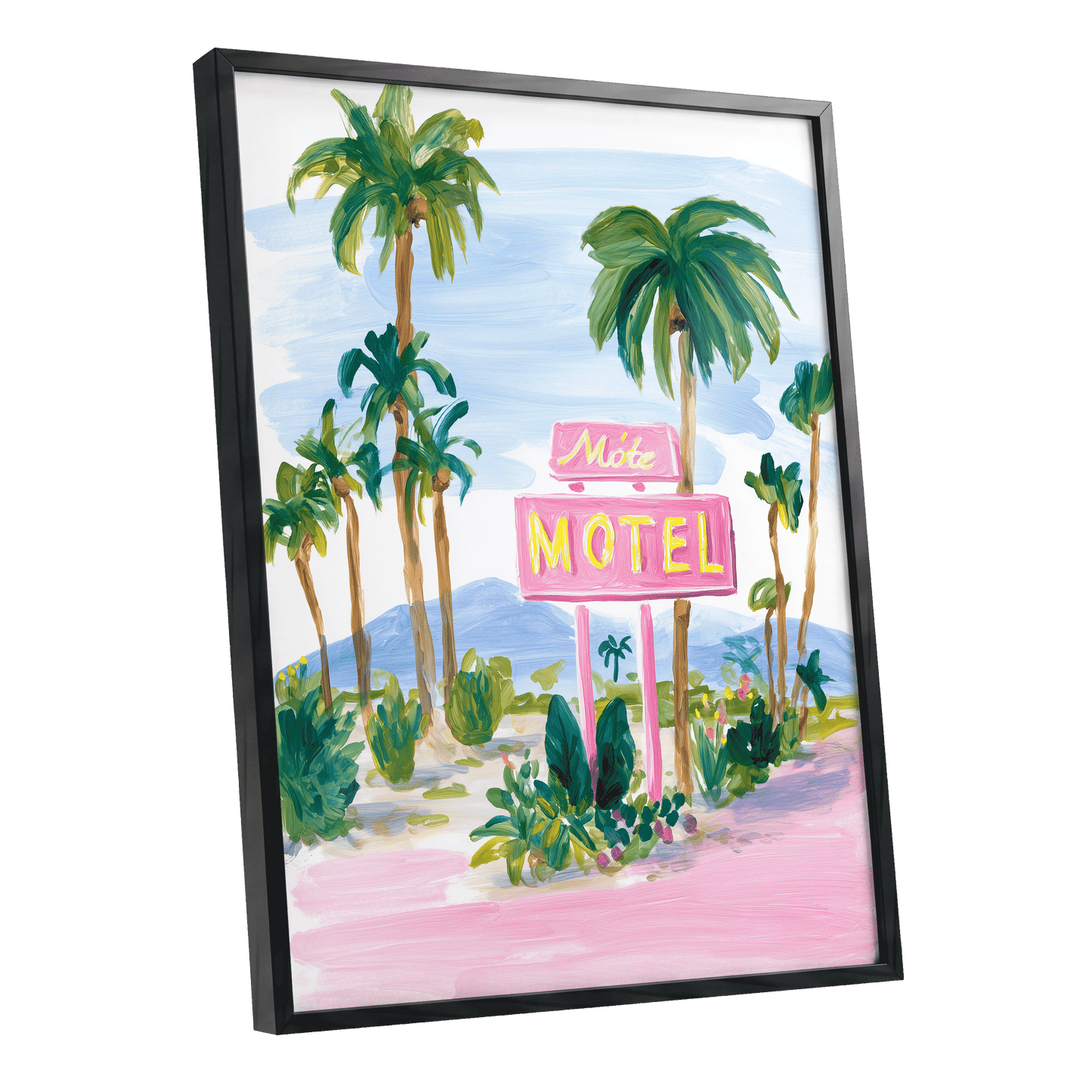 Pink Motel Palms, pink, green, blue nature wall art shown as a black framed poster wall art print