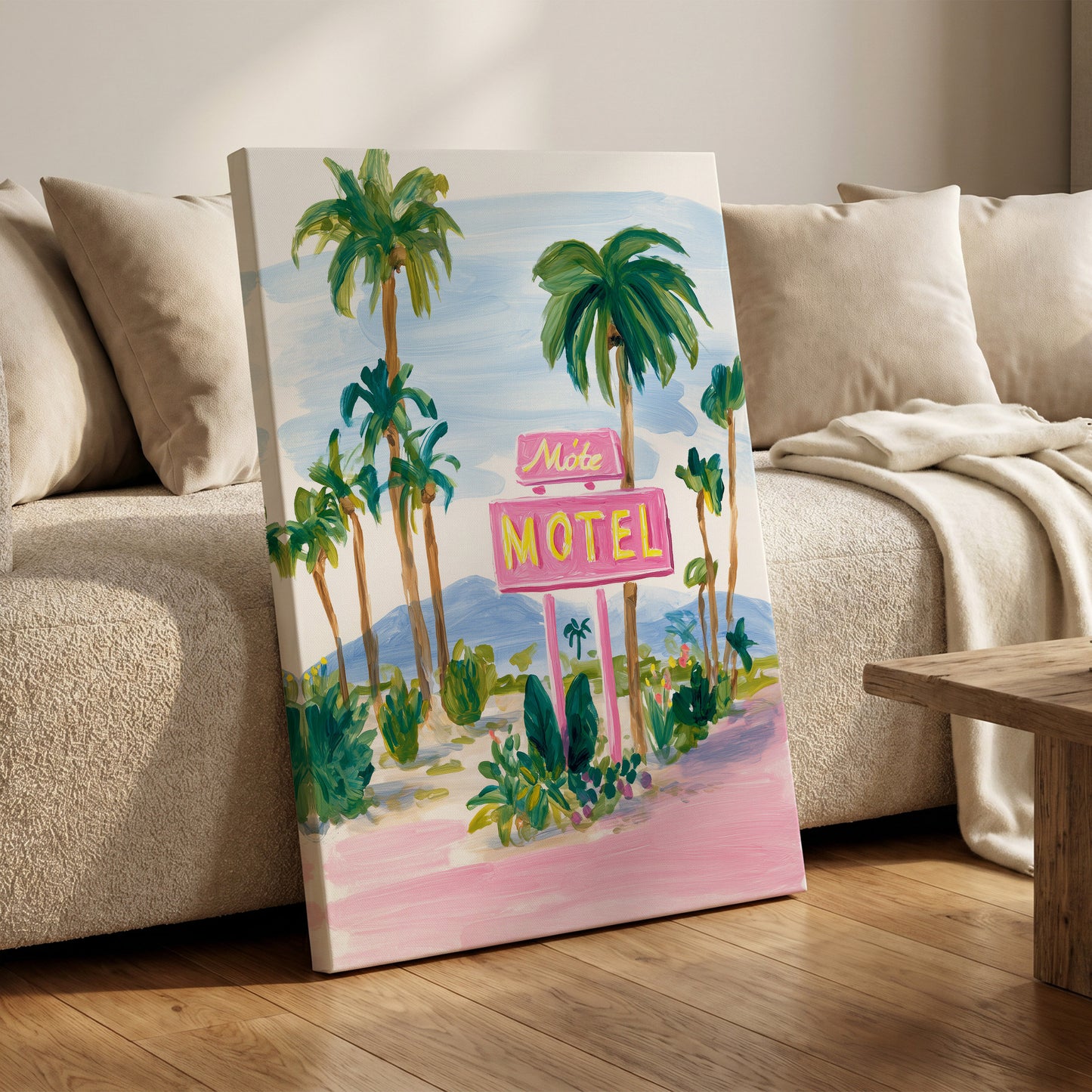 Pink Motel Palms, pink, green, blue nature wall art on canvas displayed in a styled interior, gallery view 1