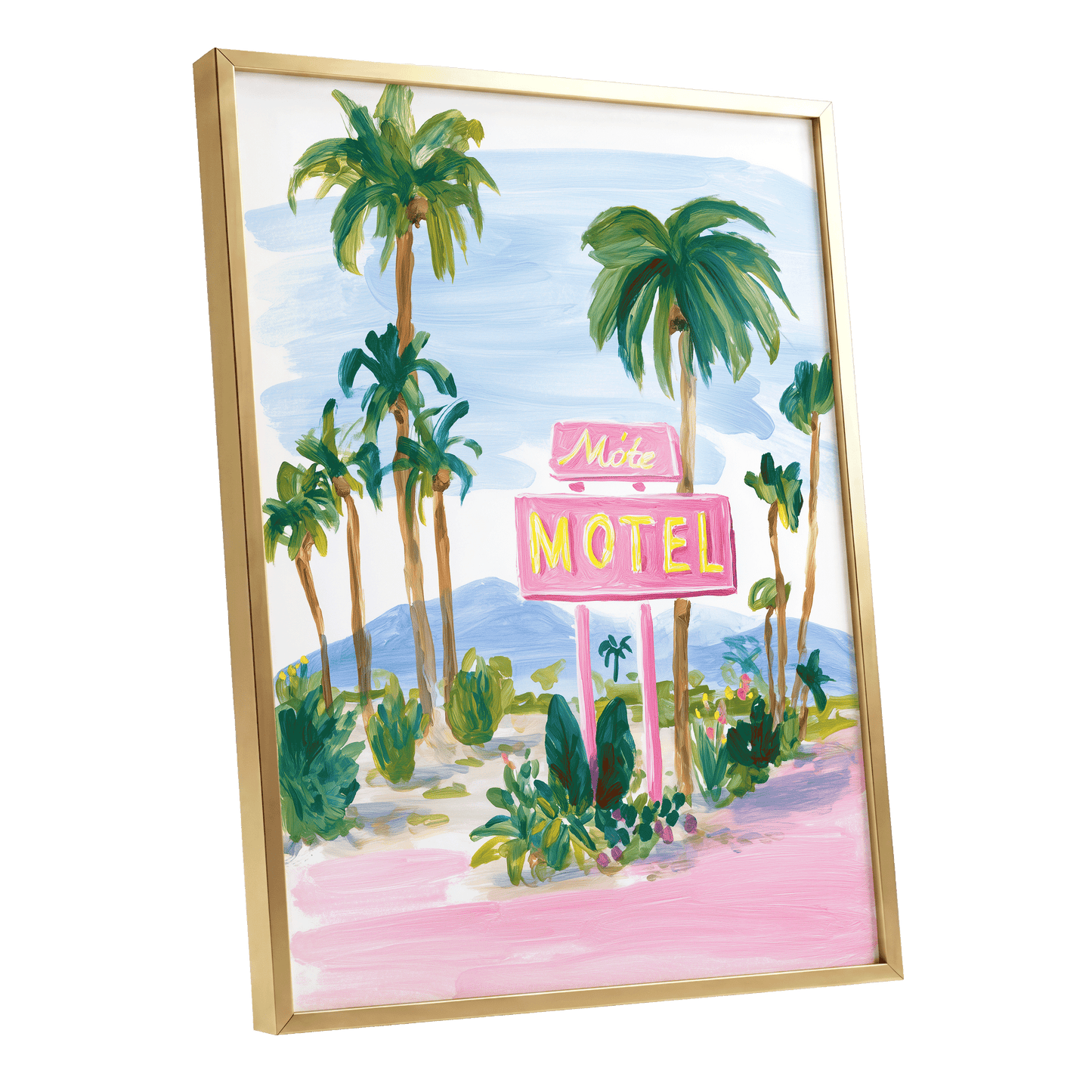 Pink Motel Palms, pink, green, blue nature wall art shown as a gold framed poster wall art print