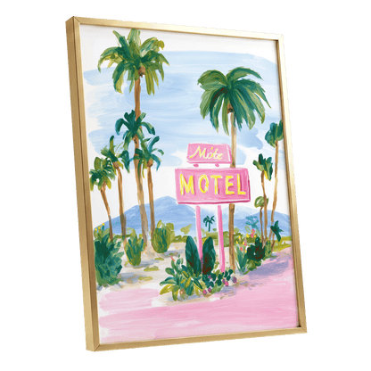 Pink Motel Palms, pink, green, blue nature wall art shown as a gold framed poster wall art print