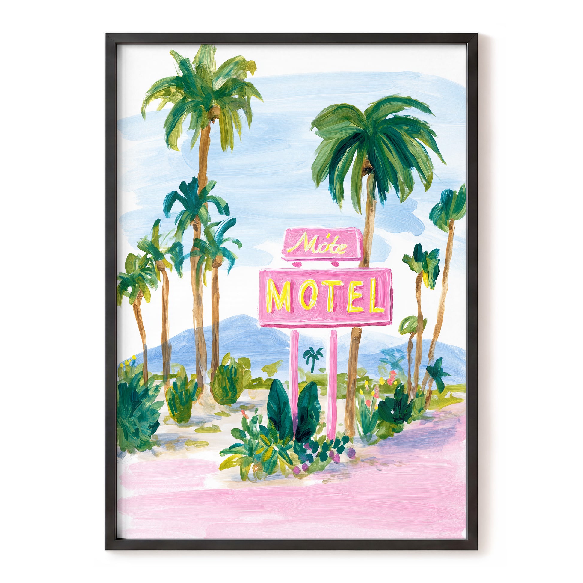 Pink Motel Palms, pink, green, blue nature wall art, front artwork view
