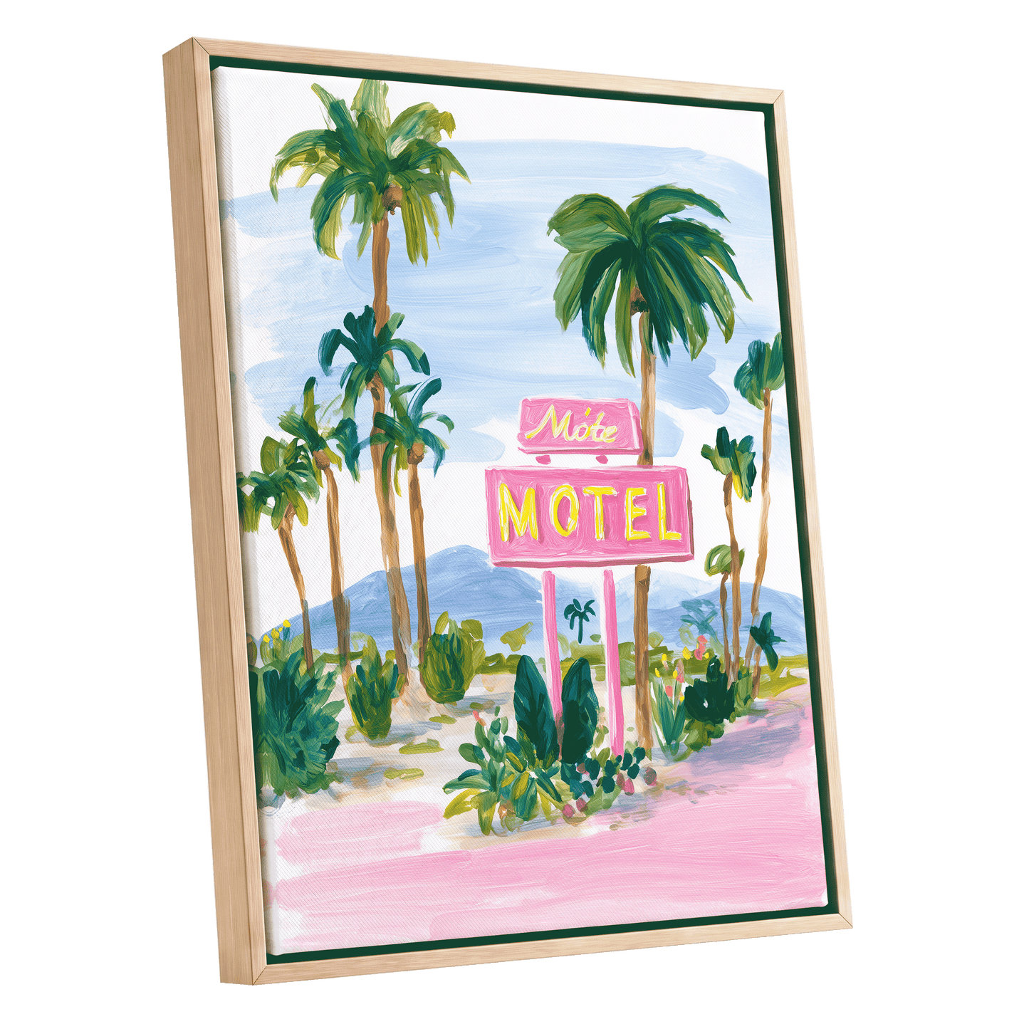 Pink Motel Palms, pink, green, blue nature wall art shown as a oak framed canvas wall art