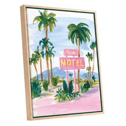 Pink Motel Palms, pink, green, blue nature wall art shown as a oak framed canvas wall art
