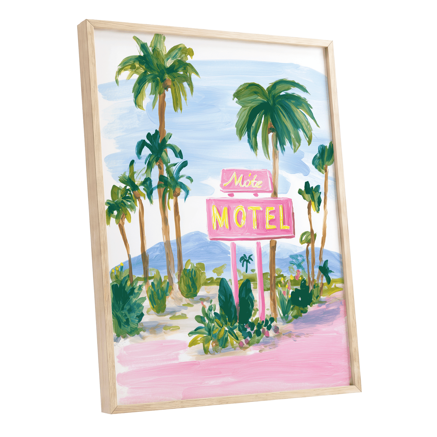 Pink Motel Palms, pink, green, blue nature wall art shown as a oak framed poster wall art print