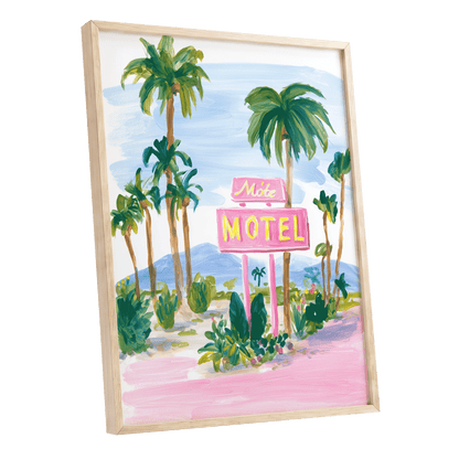 Pink Motel Palms, pink, green, blue nature wall art shown as a oak framed poster wall art print