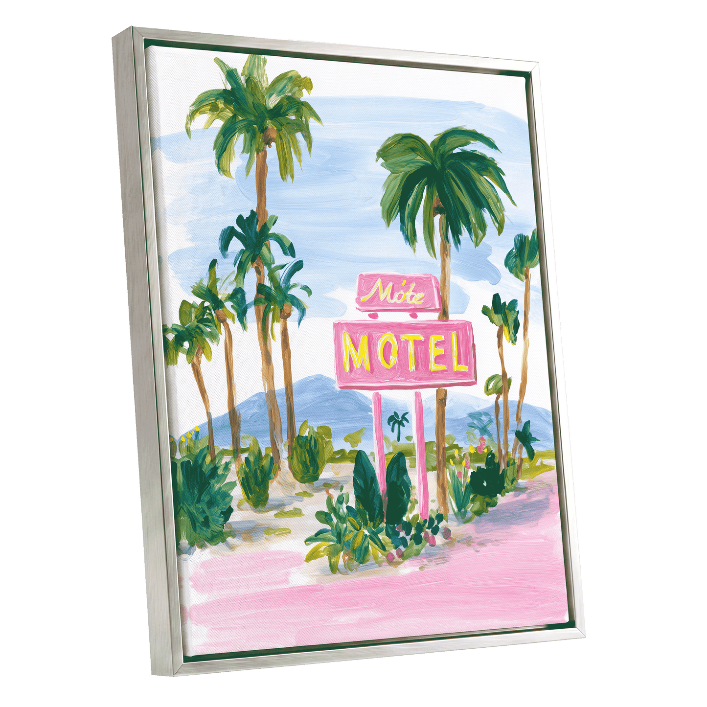 Pink Motel Palms, pink, green, blue nature wall art shown as a silver framed canvas wall art