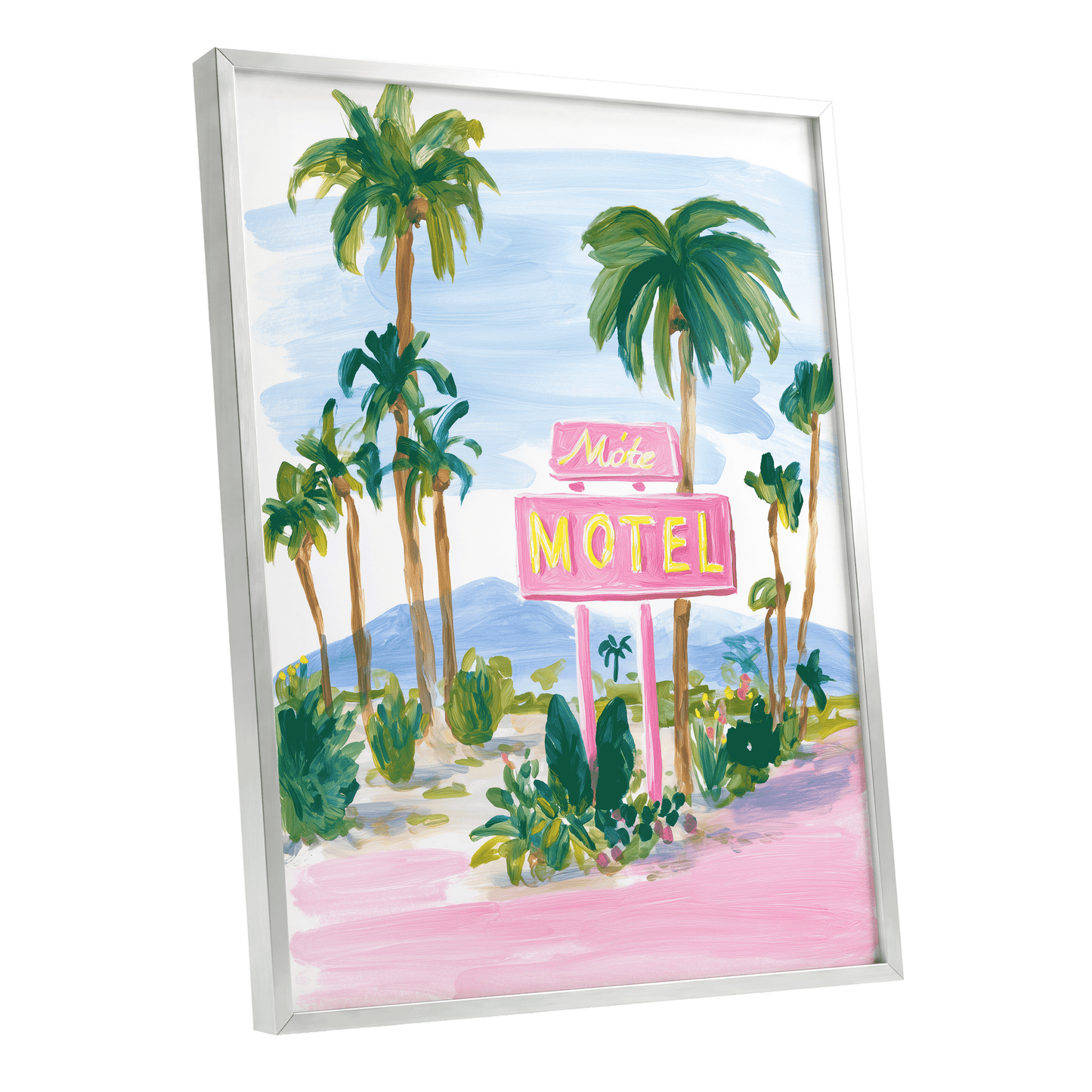 Pink Motel Palms, pink, green, blue nature wall art shown as a silver framed poster wall art print