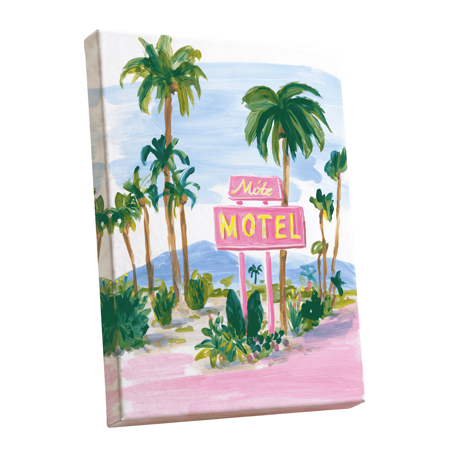 Pink Motel Palms, pink, green, blue nature wall art shown as a stretched canvas wall art