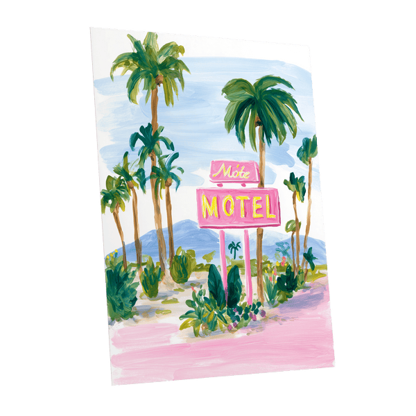 Pink Motel Palms, pink, green, blue nature wall art shown as a unframed poster wall art print