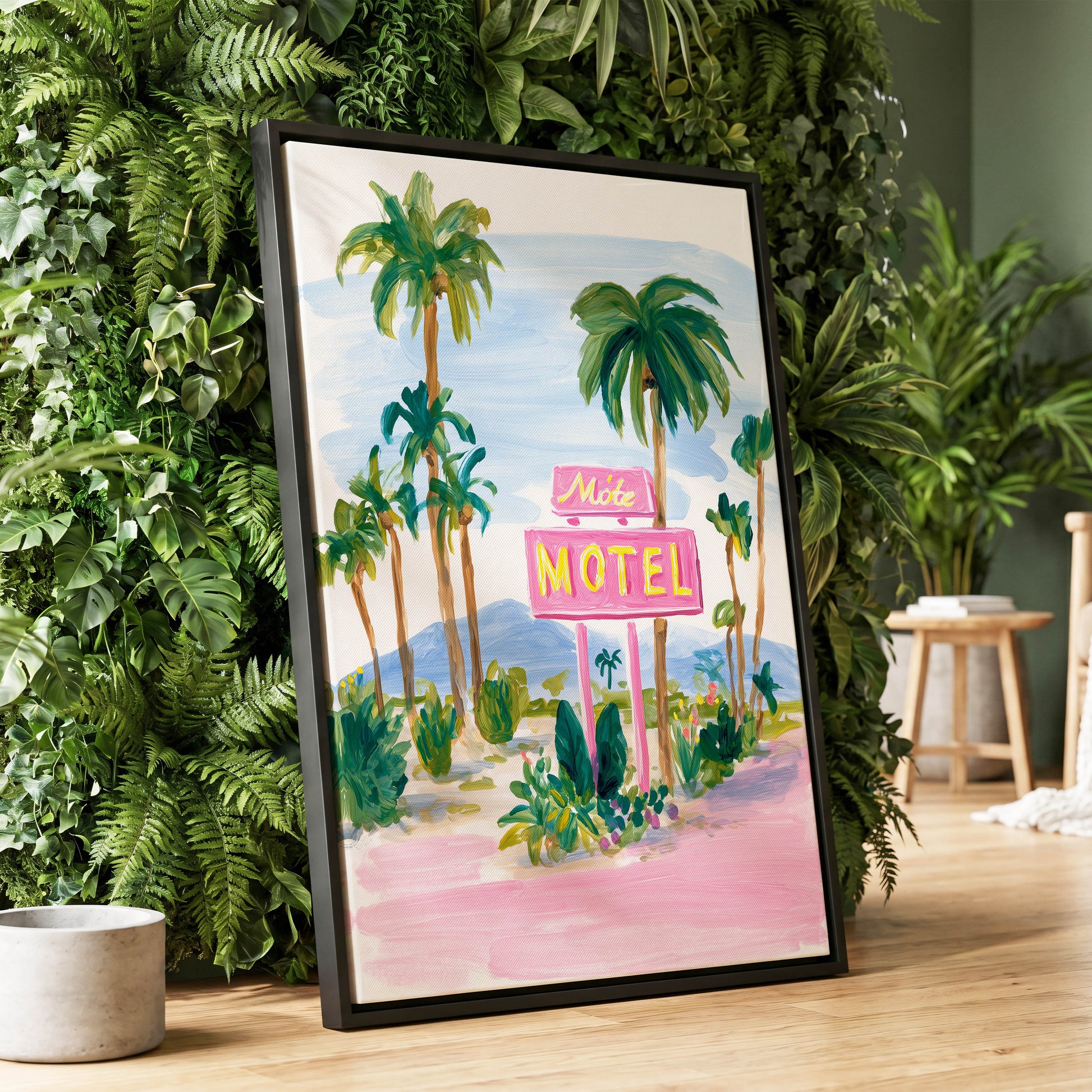 Pink Motel Palms, pink, green, blue nature wall art displayed in a styled interior, gallery view 1