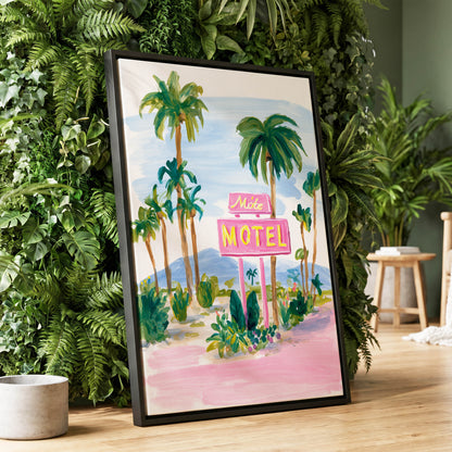 Pink Motel Palms, pink, green, blue nature wall art displayed in a styled interior, gallery view 1