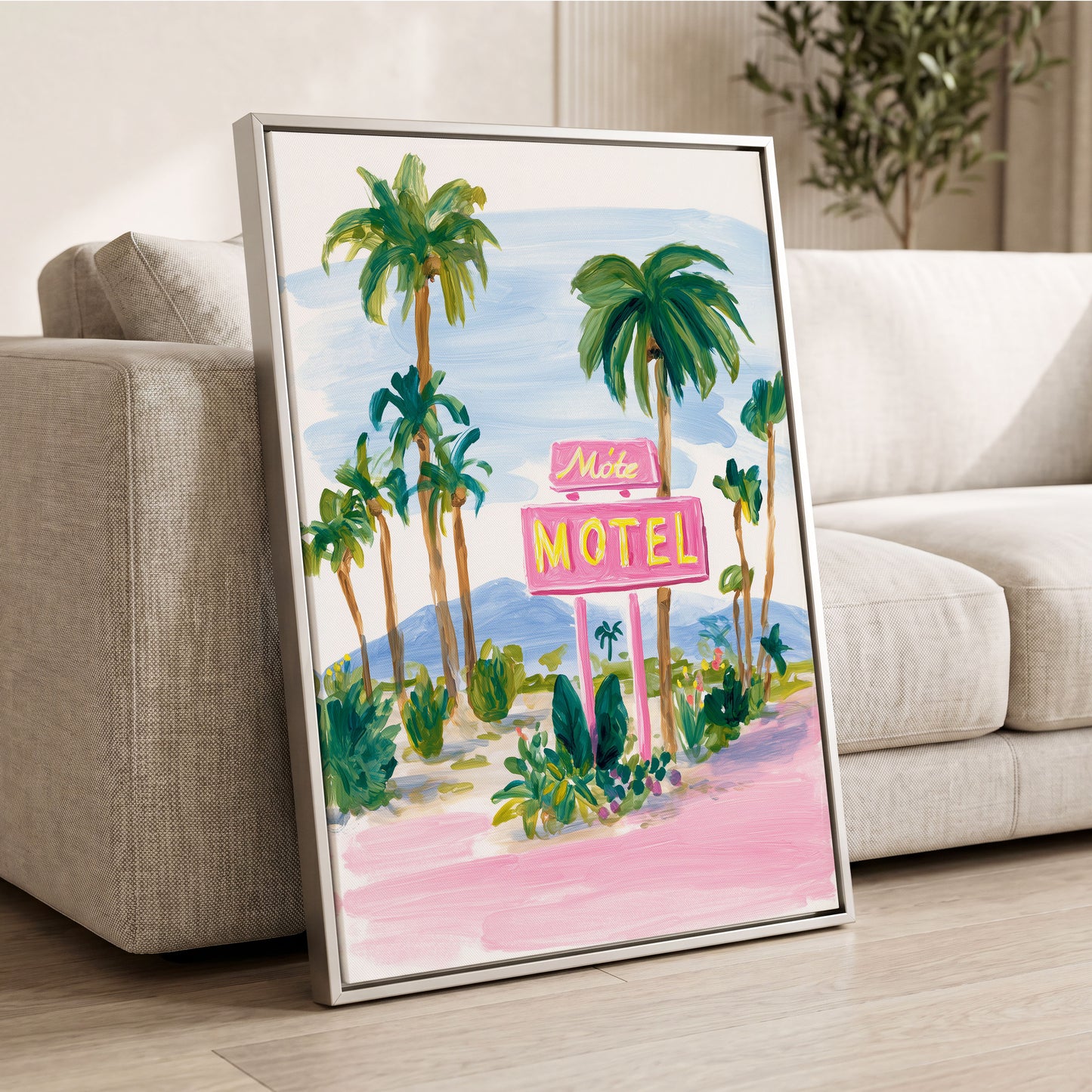 Pink Motel Palms, pink, green, blue nature wall art displayed in a styled interior, gallery view 2