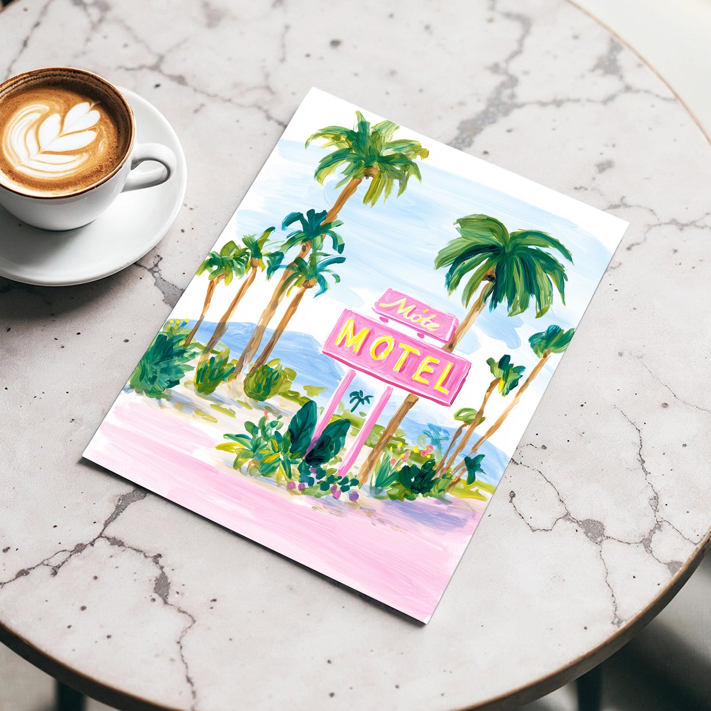 Pink Motel Palms, pink, green, blue nature wall art displayed in a styled interior, gallery view 3