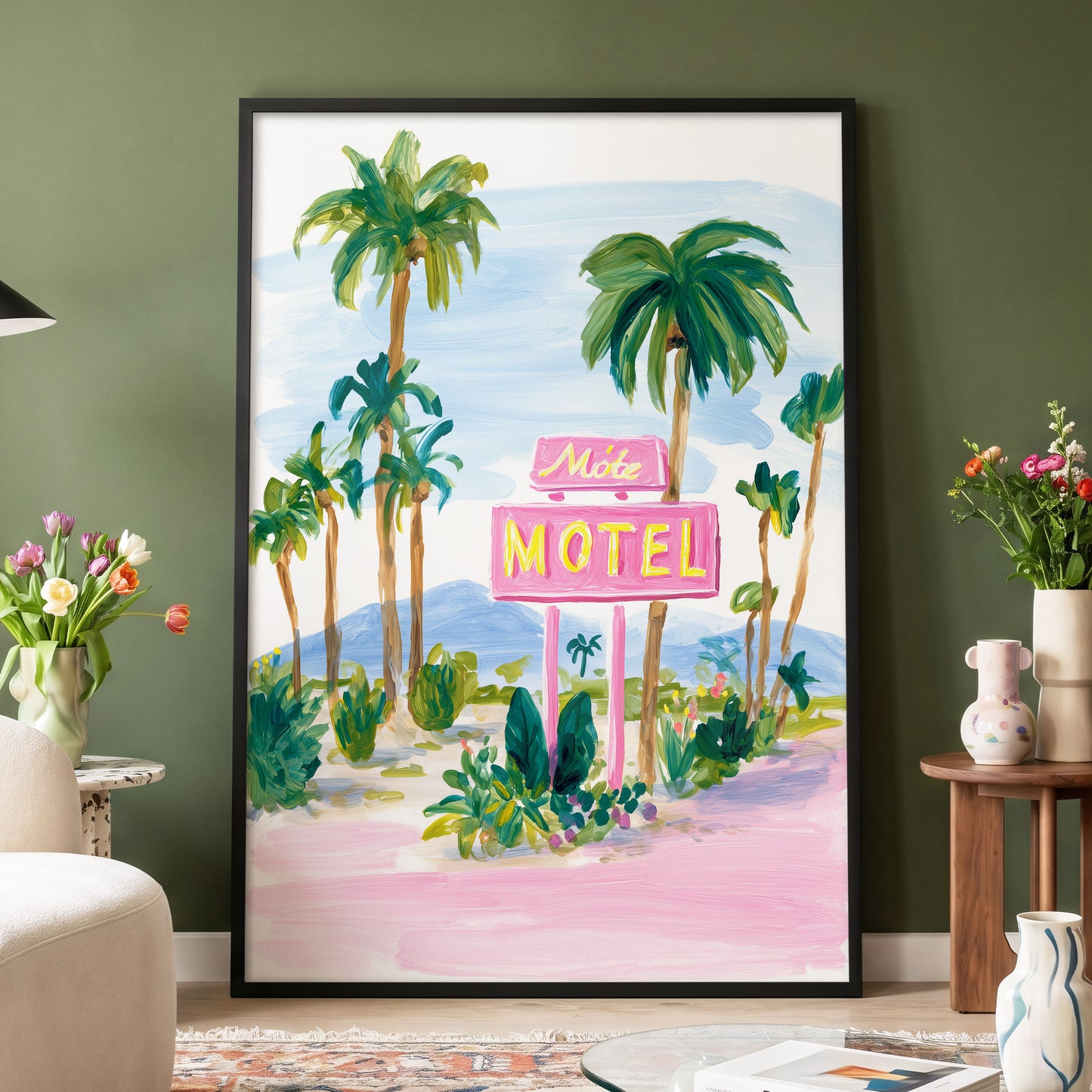 Pink Motel Palms, pink, green, blue nature wall art displayed in a styled interior, gallery view 4