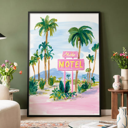 Pink Motel Palms, pink, green, blue nature wall art displayed in a styled interior, gallery view 4