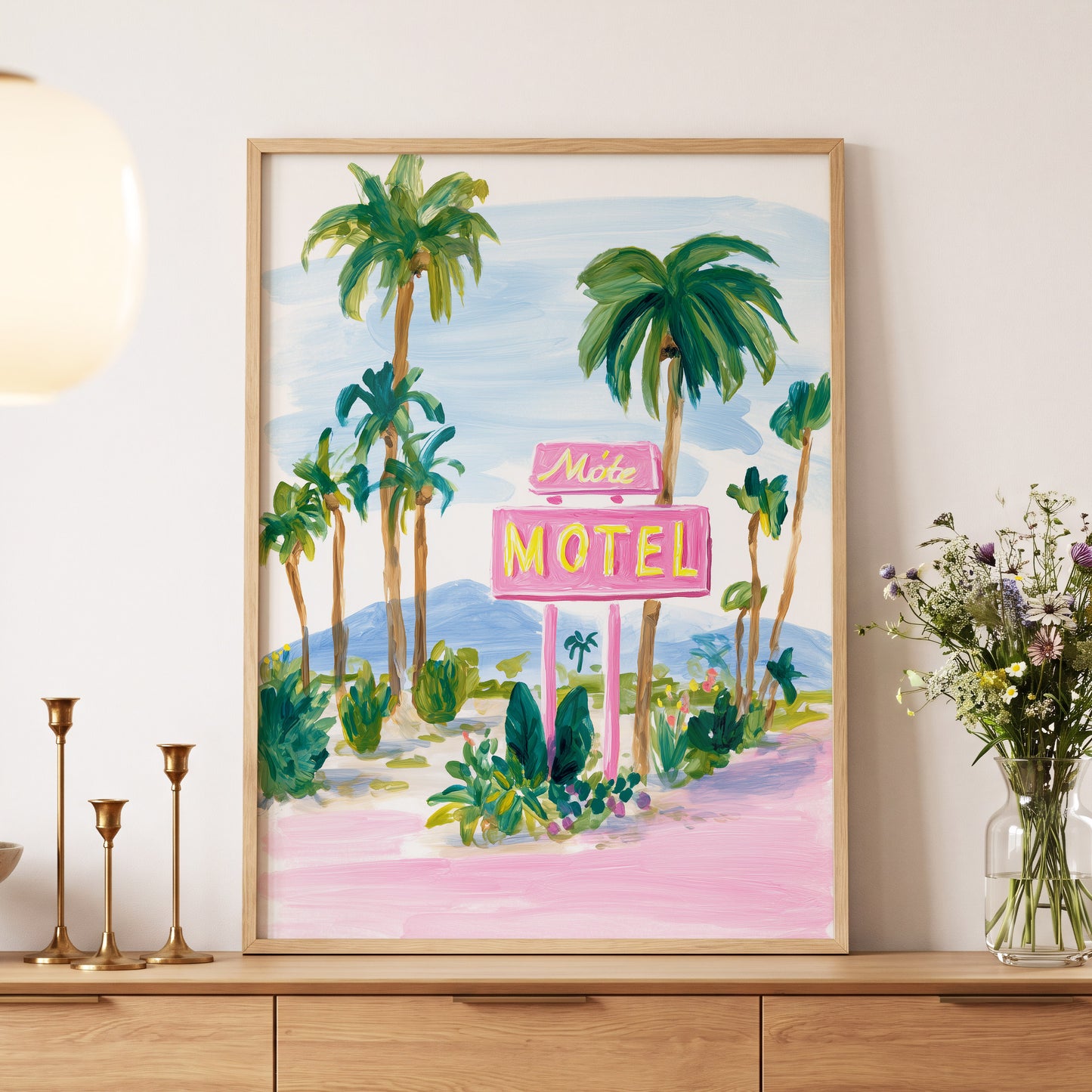Pink Motel Palms, pink, green, blue nature wall art displayed in a styled interior, gallery view 5