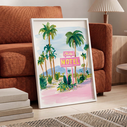Pink Motel Palms, pink, green, blue nature wall art displayed in a styled interior, gallery view 6