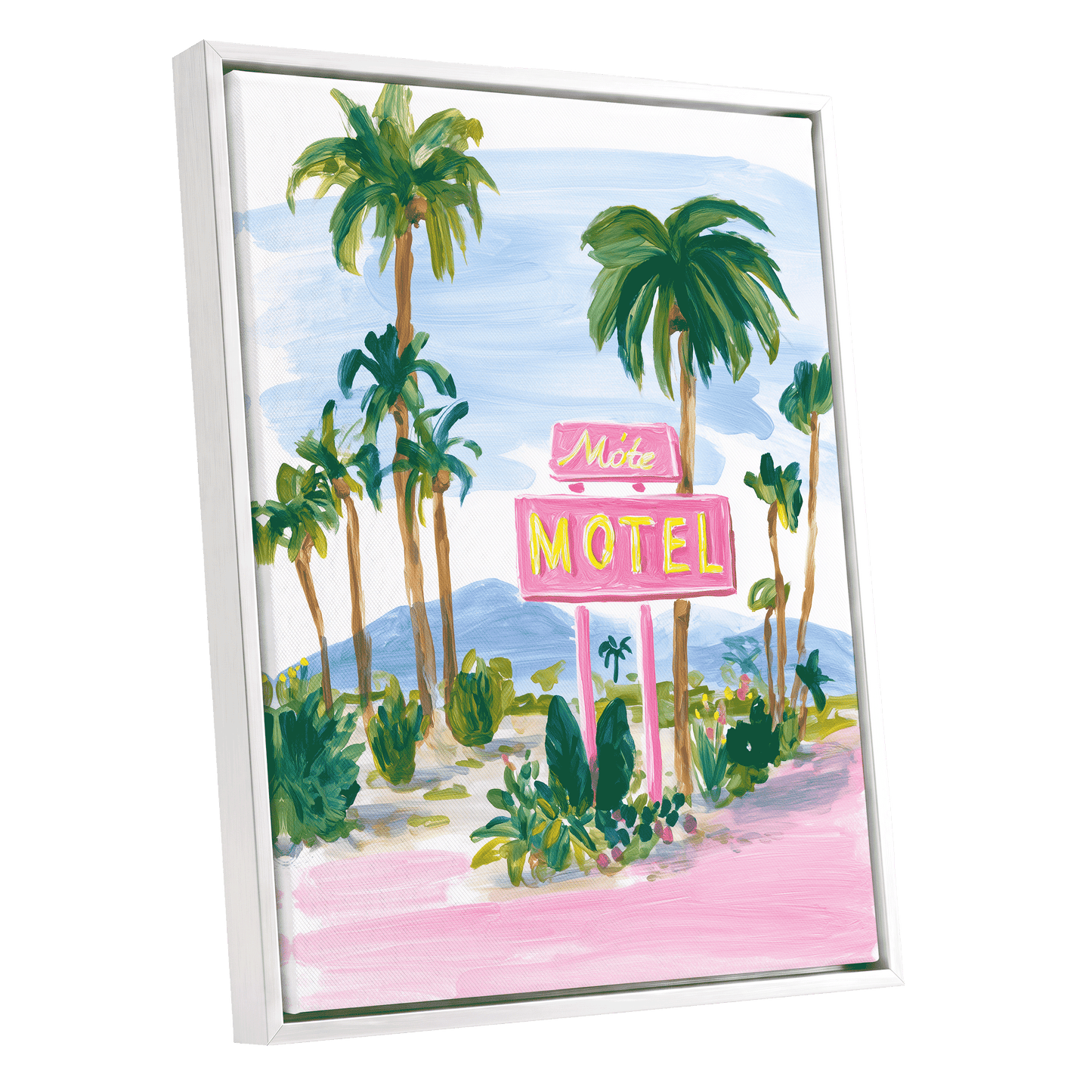 Pink Motel Palms, pink, green, blue nature wall art shown as a white framed canvas wall art